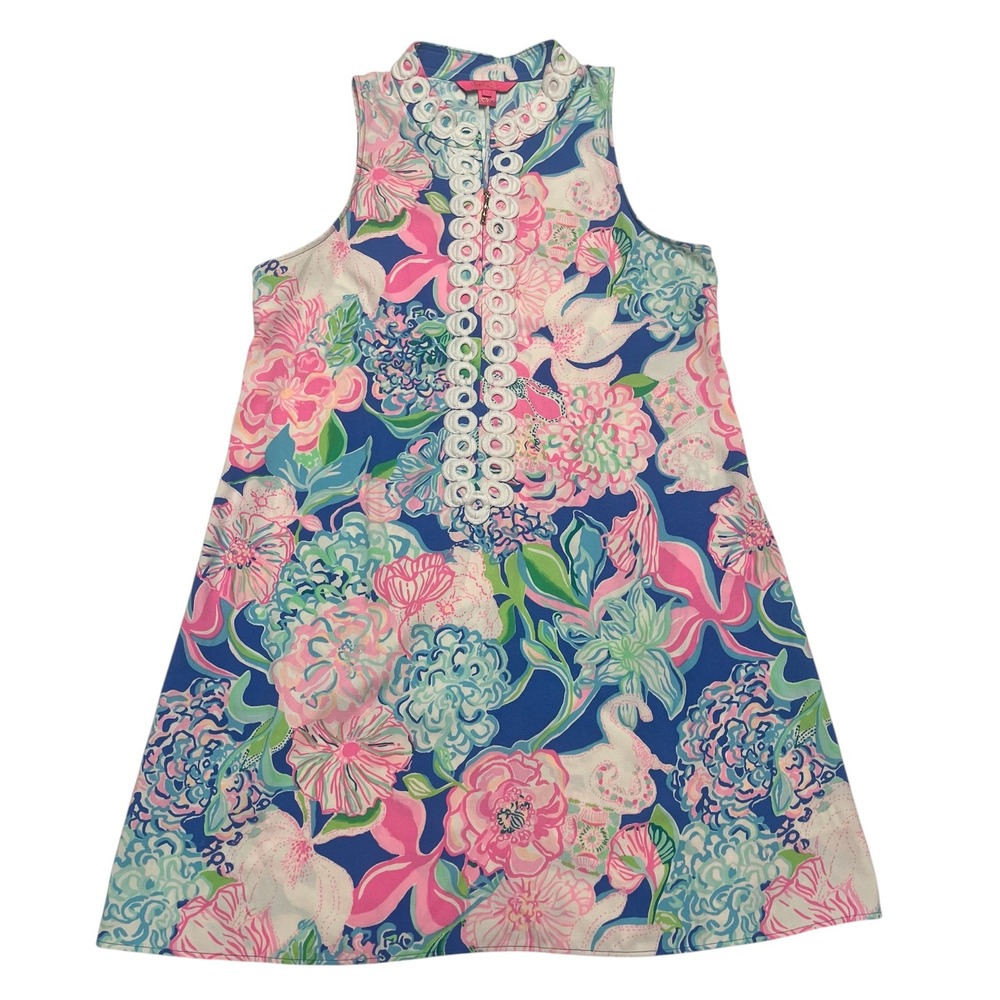 Lilly Pulitzer Sleeveless Floral Shift Dress Pink Blue Lace Trim Size 10